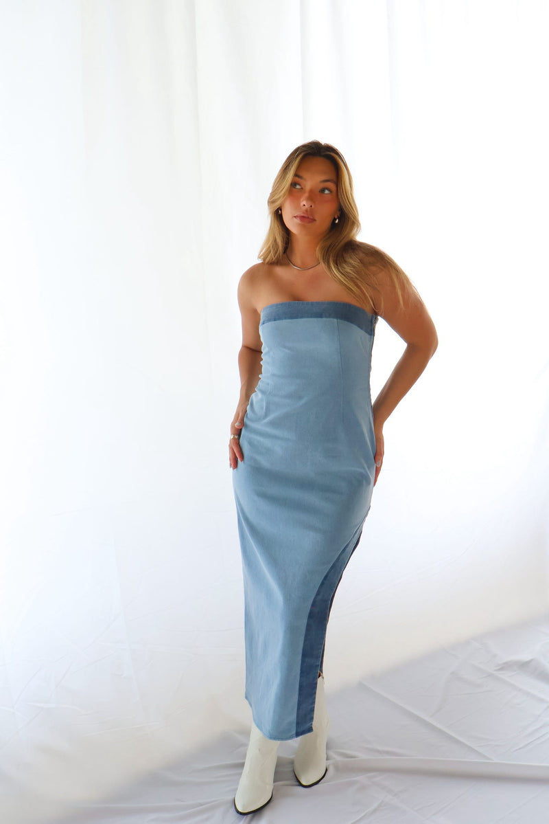 strapless denim midi dress Loverboy Strapless Denim Midi Dress – beyourself boutique